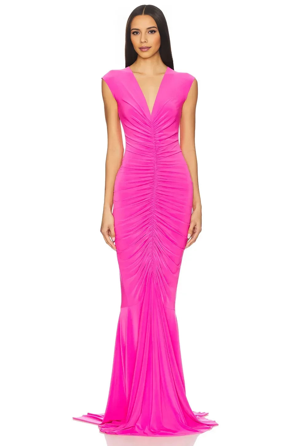 Dramatic Sheath Plunge V Neck Cap Sleeve Ruched Mermaid Length Evening Dress
