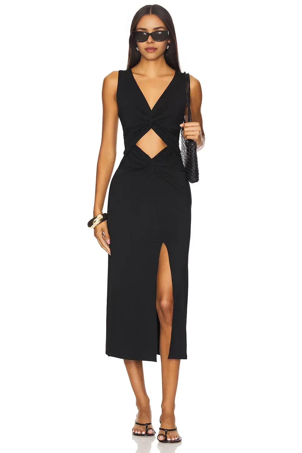 Dramatic Sheath V Neck Sleeveless Cutout Twist High Slit Midi Length Prom Dress