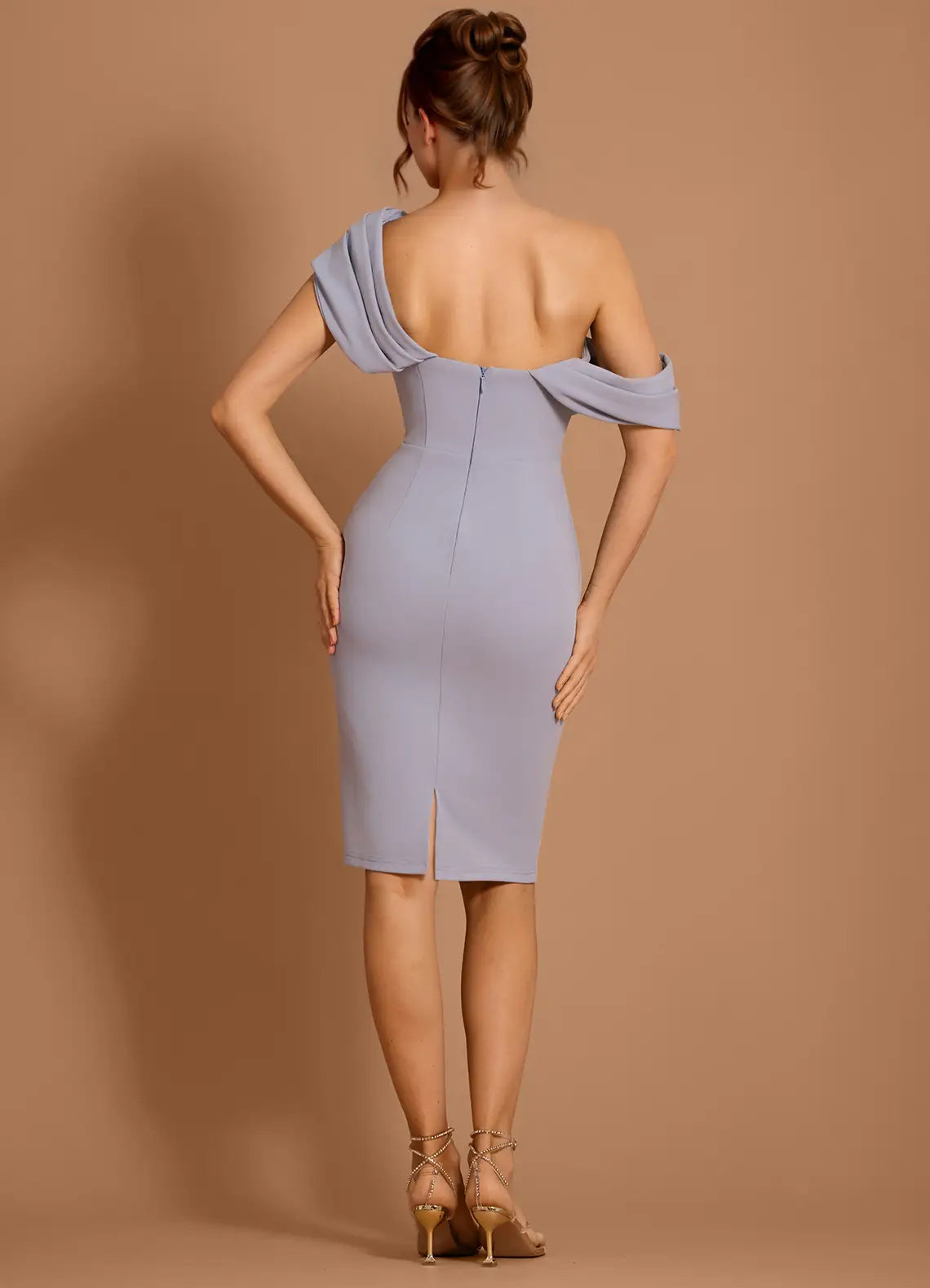 Draped One Shoulder Sheath Sleeveless Zipper Back Knee Length Female Prom Dress