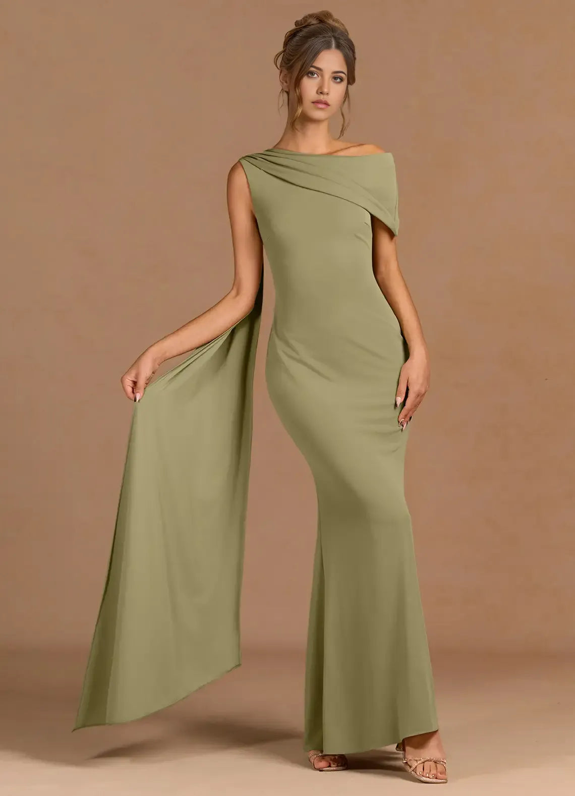 Draped Sash One Shoulder Mermaid Sleeveless Zipper Back Floor Length For Women Prom Dress