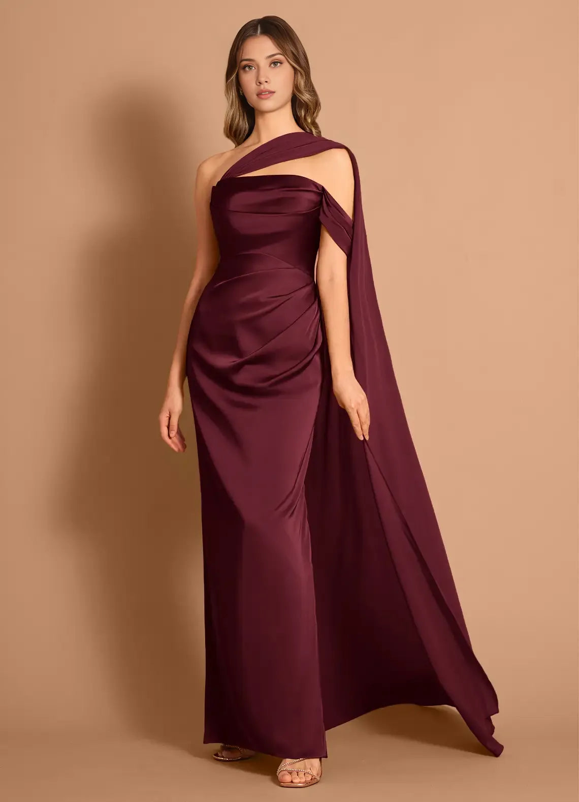 Draped Sheath One Shoulder Cape Back Floor Length For Sale Prom Dress ﻿