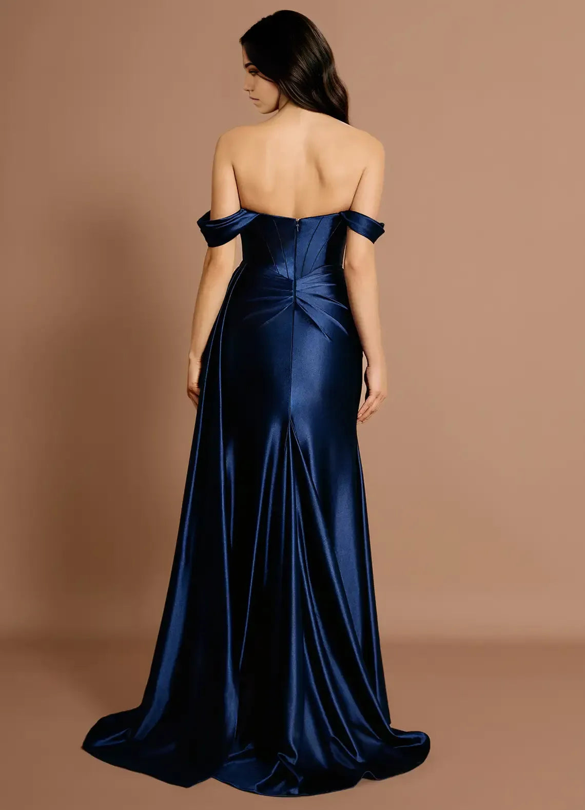 Draped Shoulder Off Shoulder Satin Mermaid Open Back Train High Slit Floor Length For Sale Prom Dress
