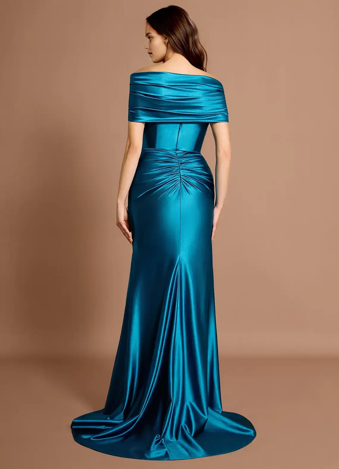 Draped Shoulder Off Shoulder Satin Mermaid Ruched Waist Open Back Train High Slit Floor Length For Sale Prom Dress