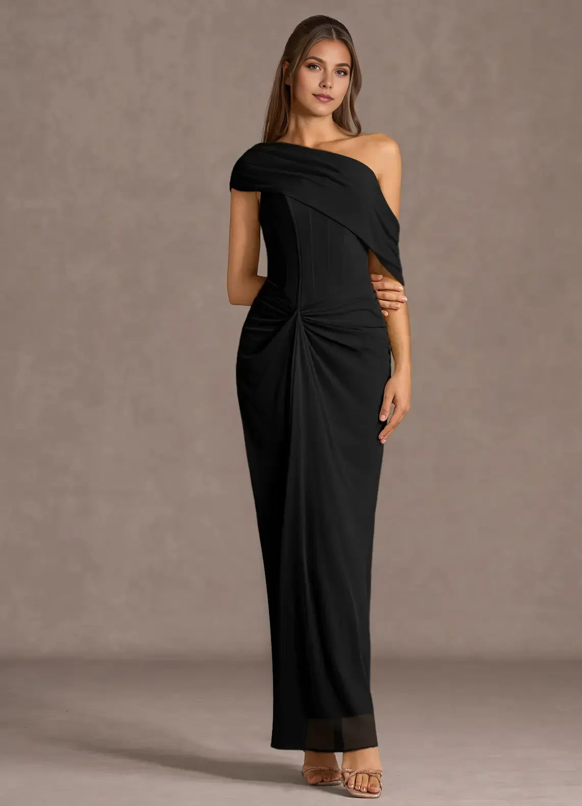 Draped Shoulder One Shoulder Sheath Twist Waist Floor Length For Women Prom Dress