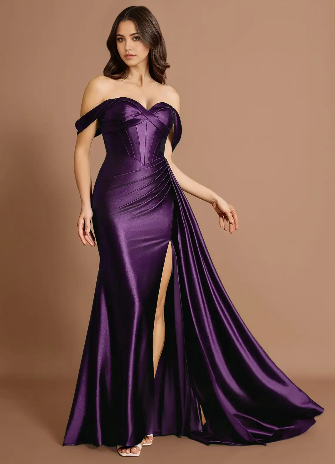 Draped Train Off The Shoulder Mermaid Satin Ruched Zipper Back Floor Length Female Prom Dress