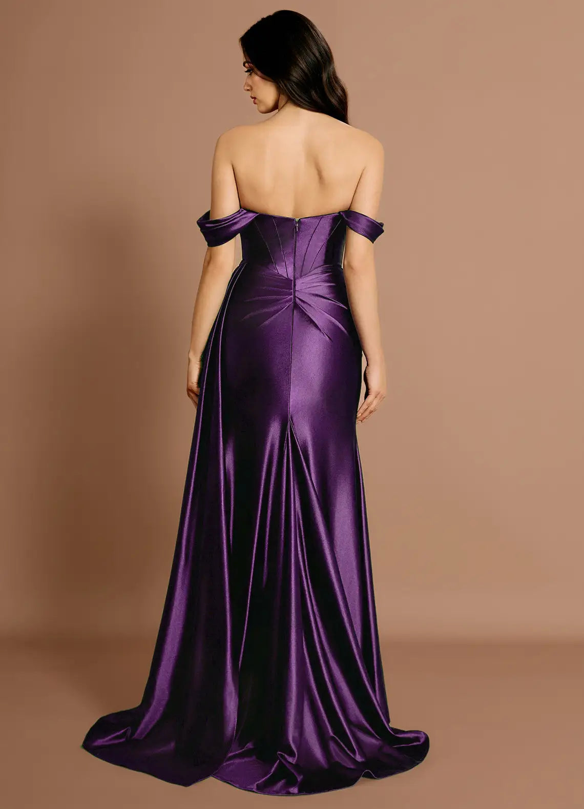 Draped Train Off The Shoulder Mermaid Satin Ruched Zipper Back Floor Length Female Prom Dress