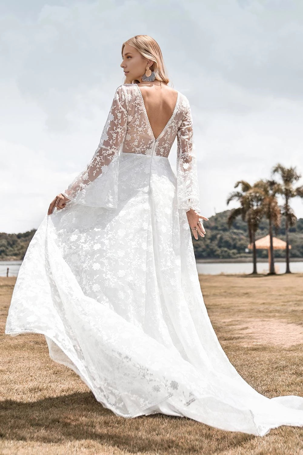 Dreamy A  Line Deep V  Neck Bell Sleeve Open Back Maxi Wedding Dress