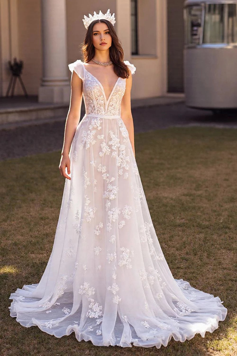 Dreamy A Line Deep V Neck Ruffled Sleeve Open Back Floor Length Wedding Dress
