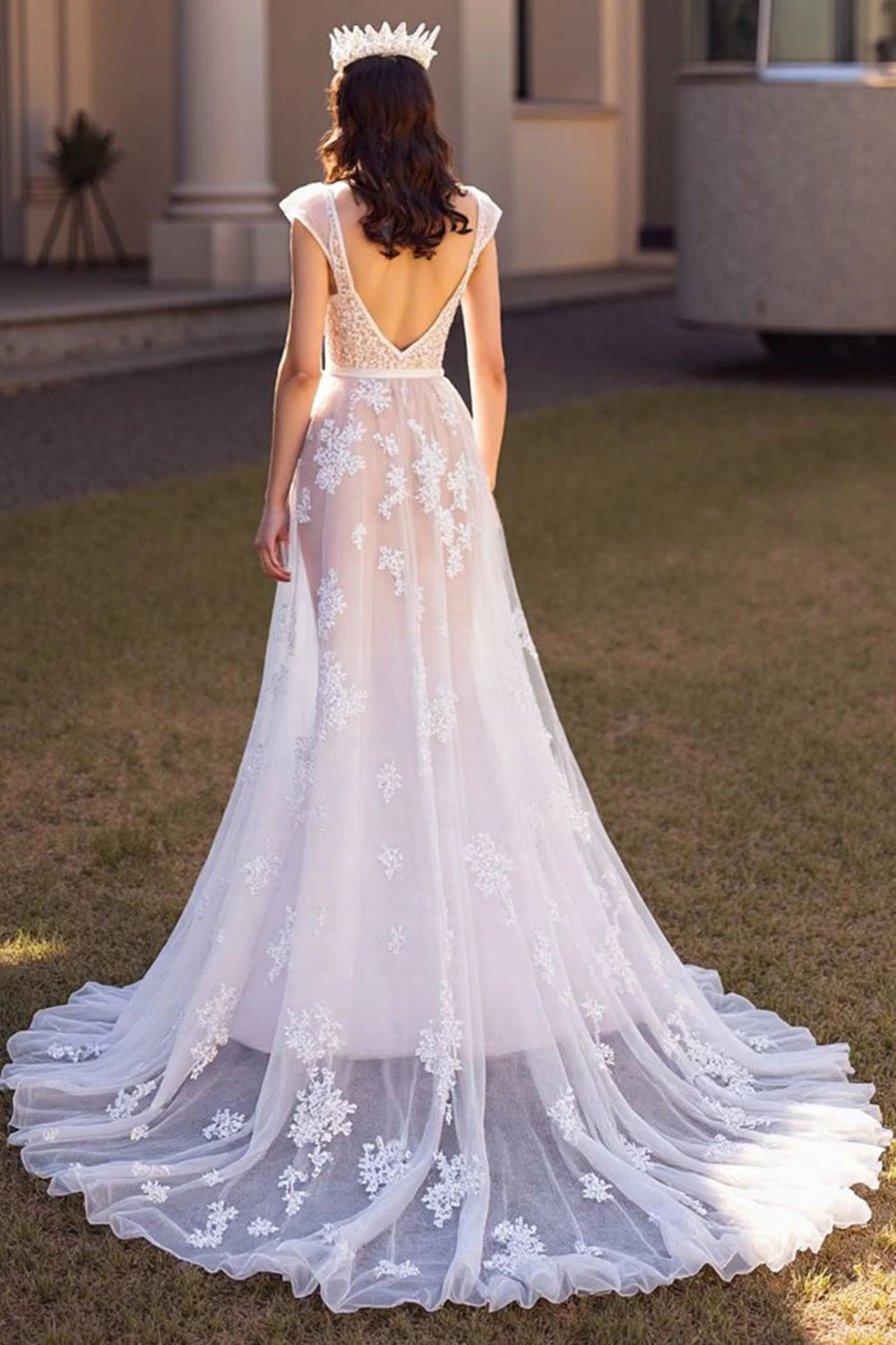 Dreamy A Line Deep V Neck Ruffled Sleeve Open Back Floor Length Wedding Dress