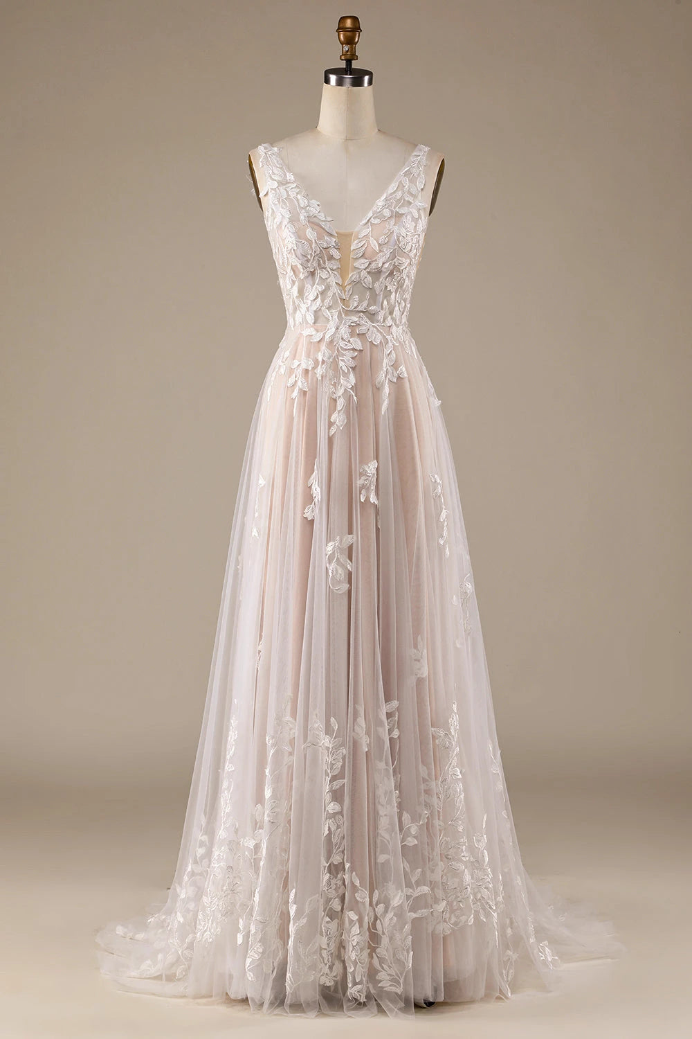 Dreamy A Line Deep V Neck Sleeveless Open Back Floor Length Wedding Dress