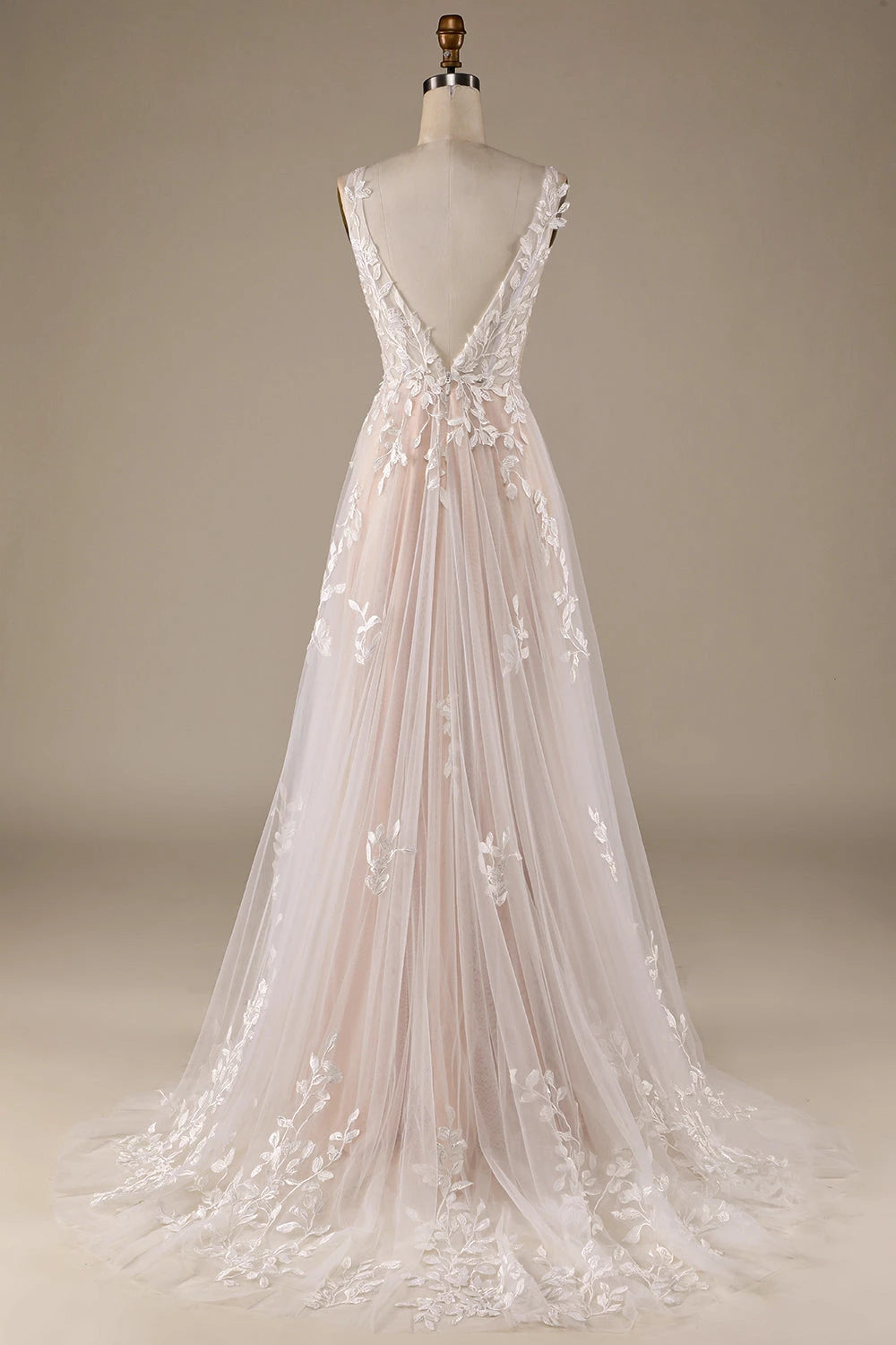 Dreamy A Line Deep V Neck Sleeveless Open Back Floor Length Wedding Dress