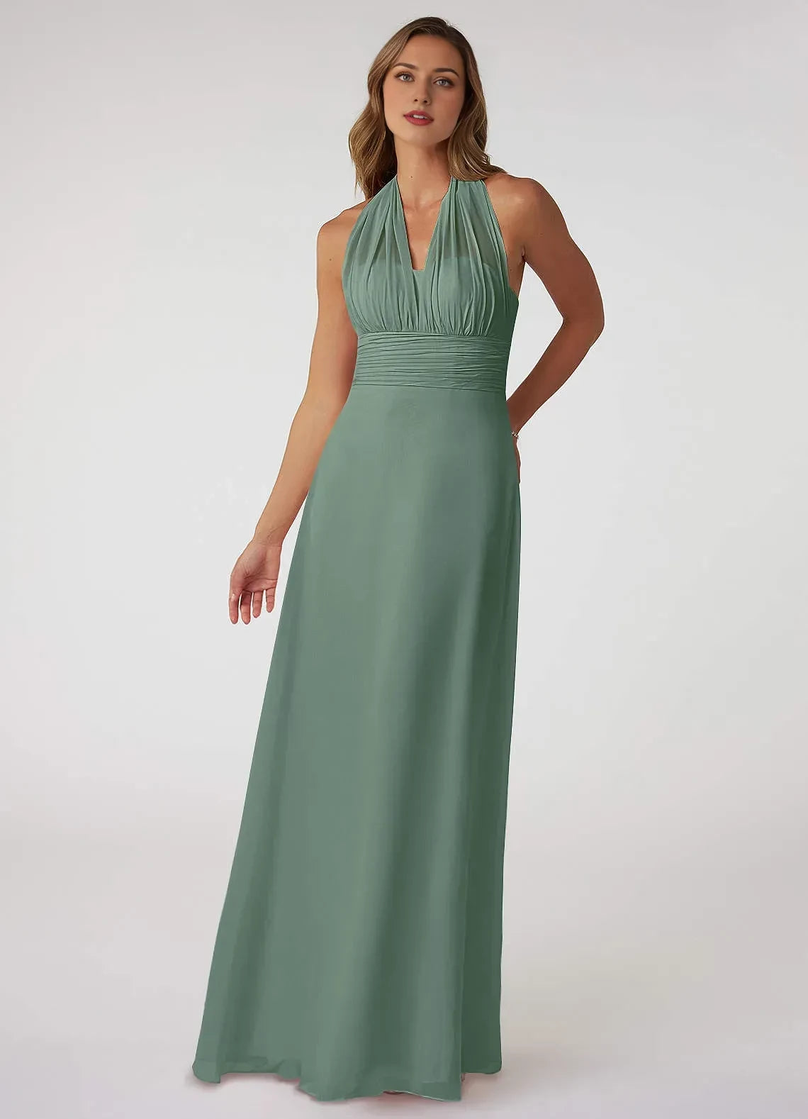Dreamy A Line Halter Neck Sleeveless Bow Back Floor Length Bridesmaid Dress ﻿