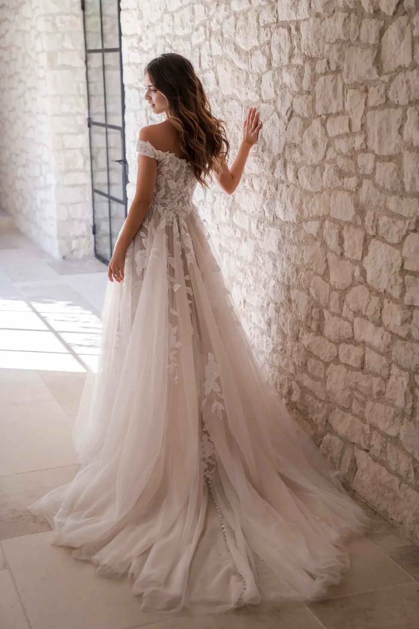 Dreamy A Line Off Shoulder Short Sleeve Lace Back Floor Length Wedding Dress