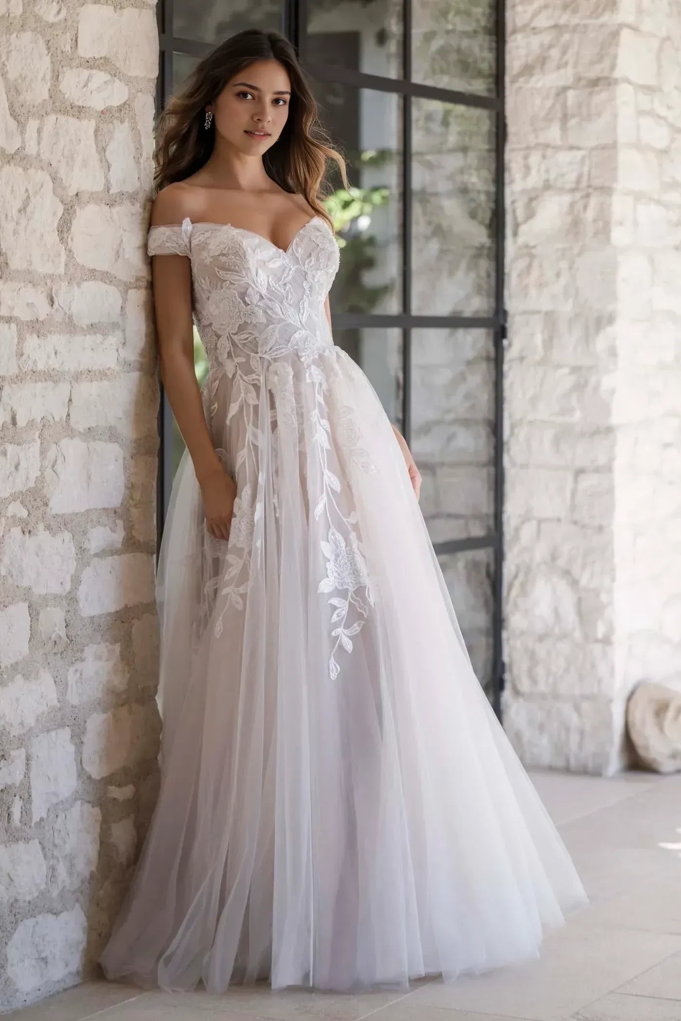 Dreamy A Line Off Shoulder Short Sleeve Lace Back Floor Length Wedding Dress