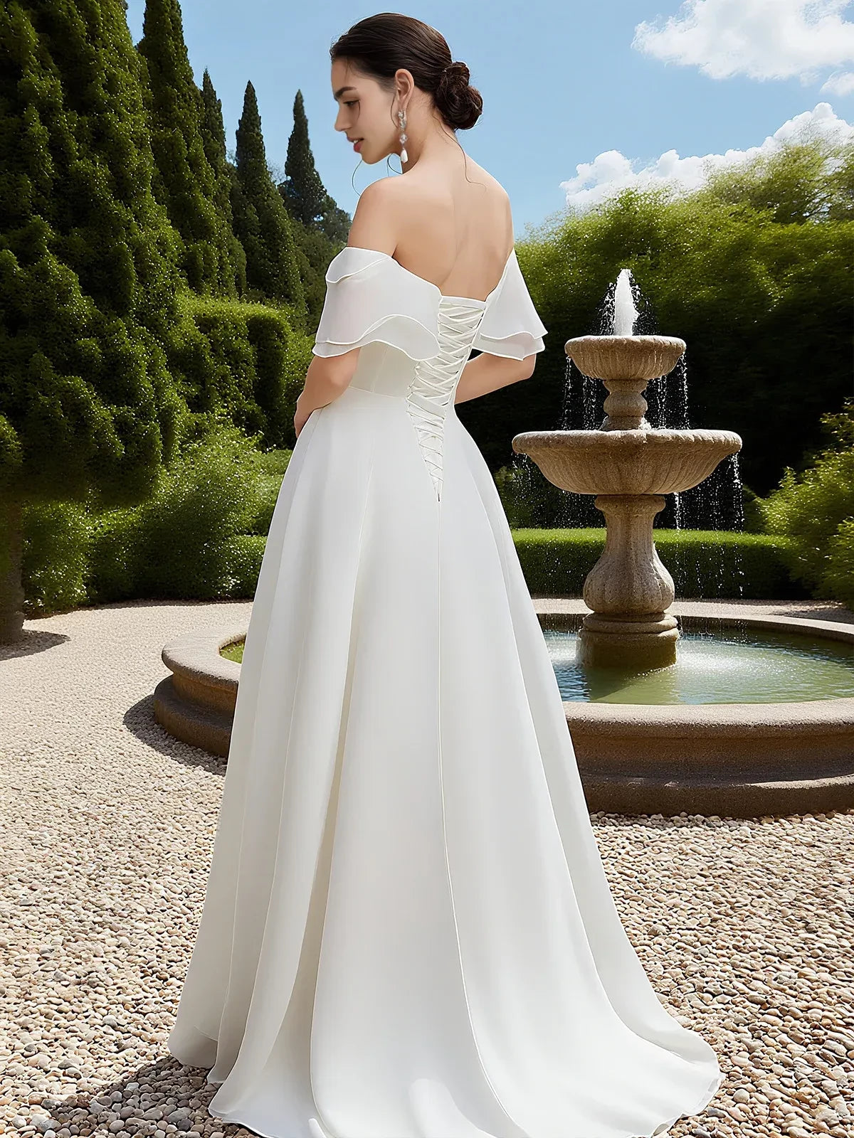 Dreamy A Line Off The Shoulder Flutter Sleeve Lace Up Back Floor Length Wedding Dress
