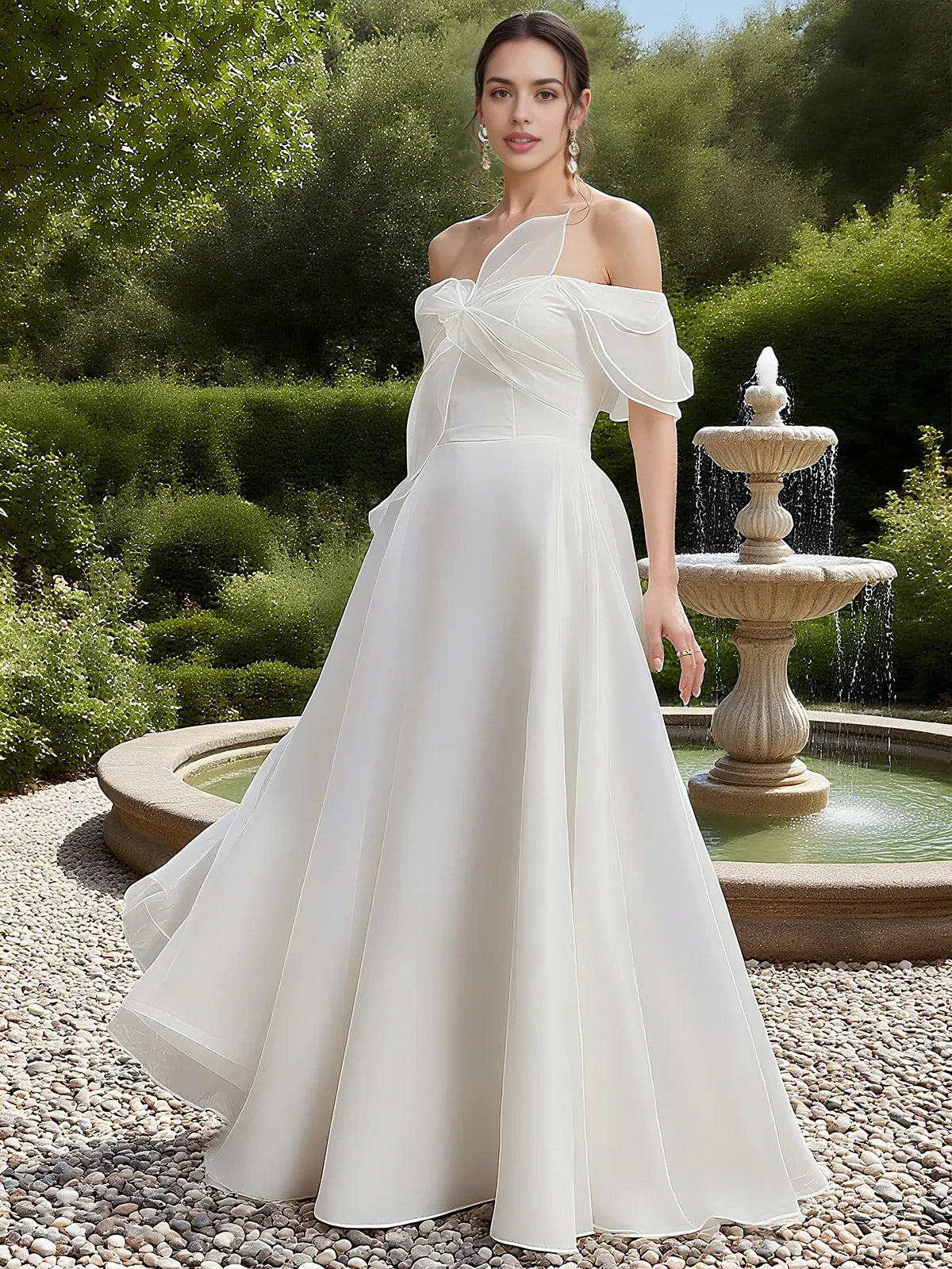 Dreamy A Line Off The Shoulder Flutter Sleeve Lace Up Back Floor Length Wedding Dress