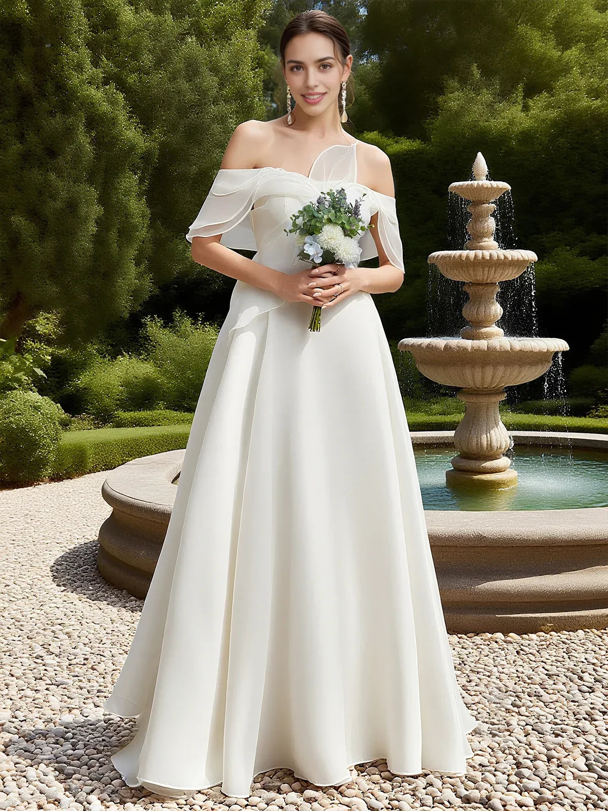 Dreamy A Line Off The Shoulder Flutter Sleeve Lace Up Back Floor Length Wedding Dress