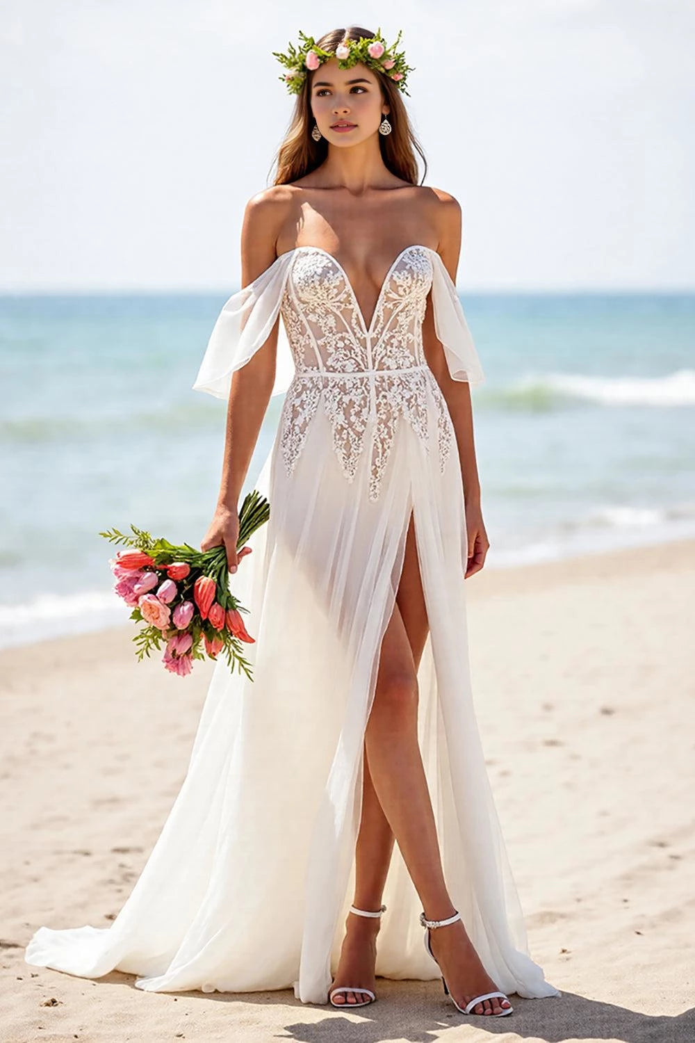 Dreamy A Line Off The Shoulder Flutter Sleeve Open Back Floor Length Wedding Dress