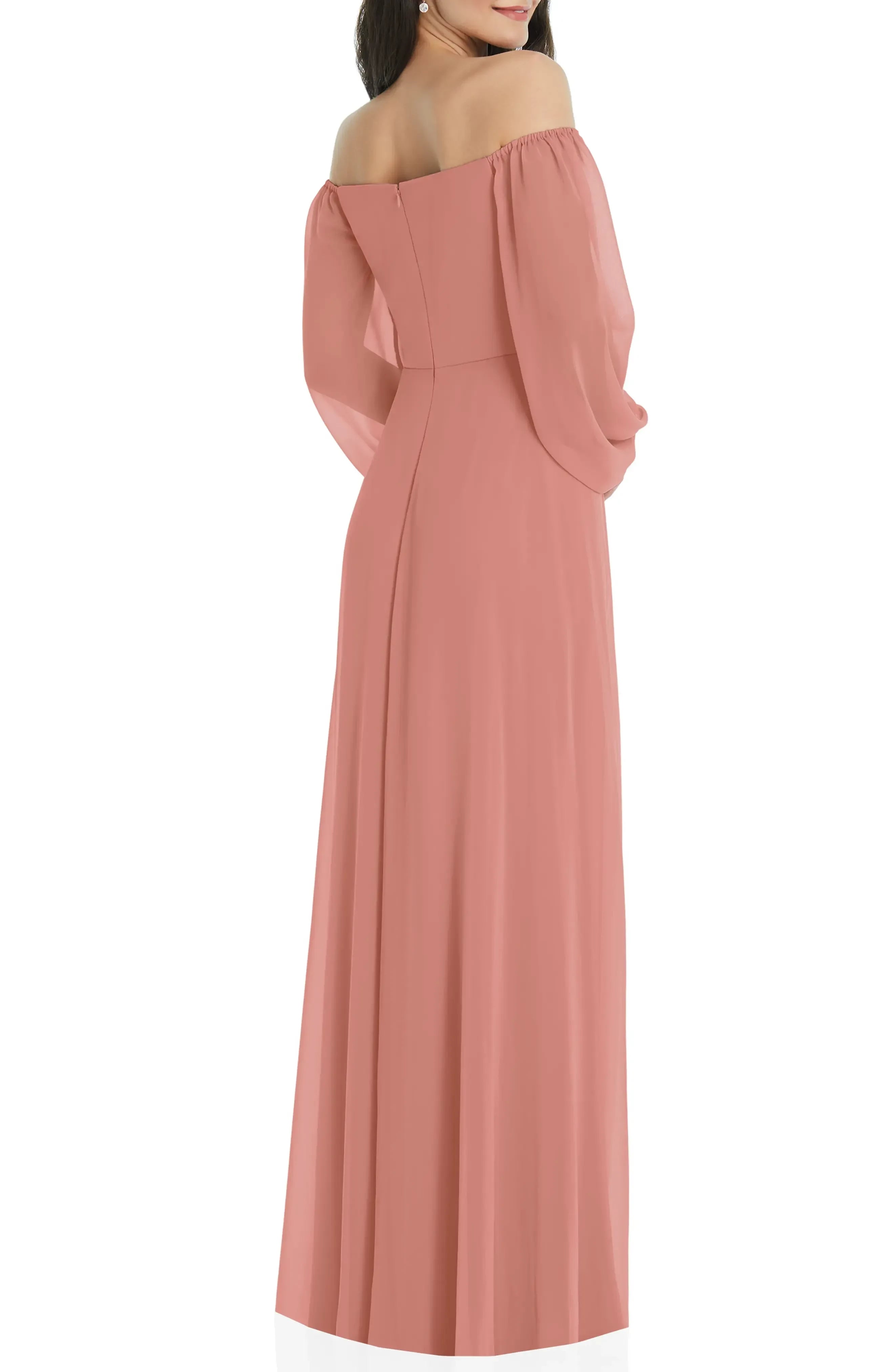 Dreamy A Line Off The Shoulder Long Sleeve Zipper Back Floor Length Bridesmaid Dress