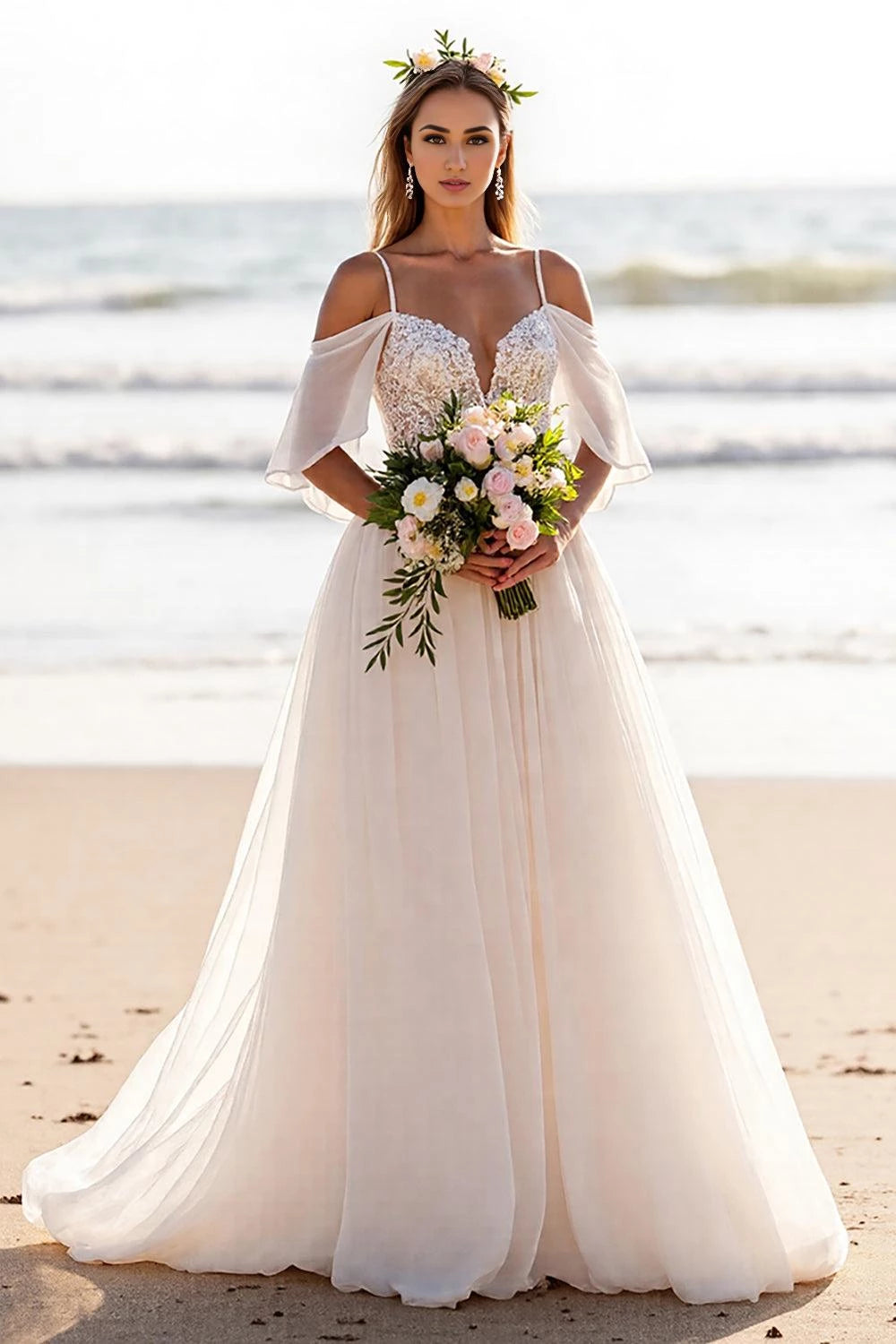Dreamy A Line Sweetheart Off The Shoulder Flowy Sleeve Lace Back Floor Length Wedding Dress