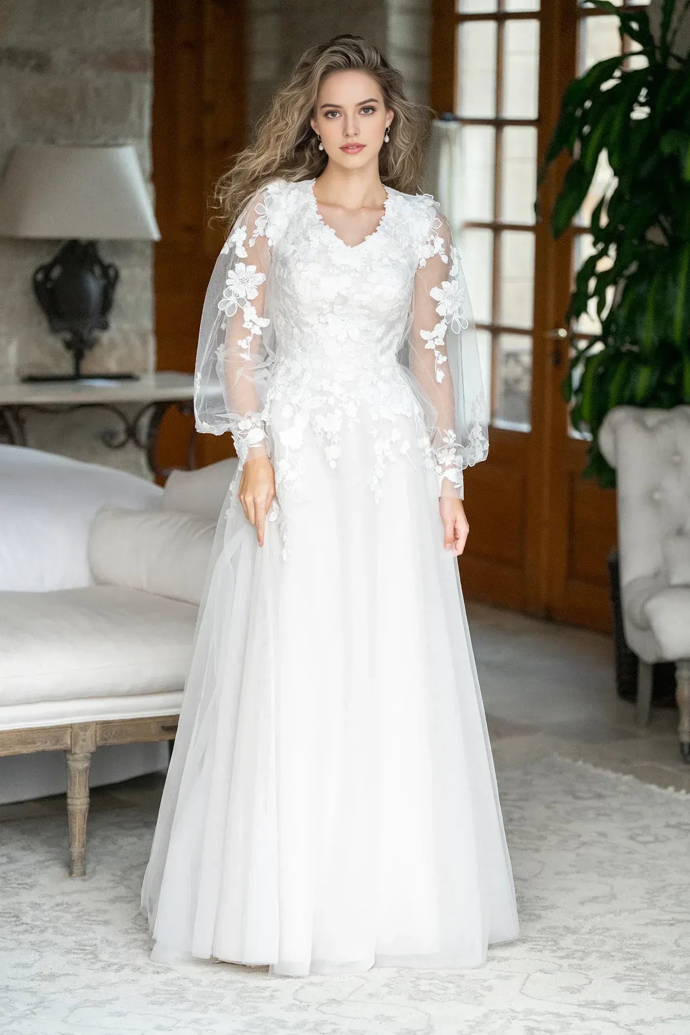 Dreamy A Line V Neck Bishop Sleeve Button Back Floor Length Wedding Dress