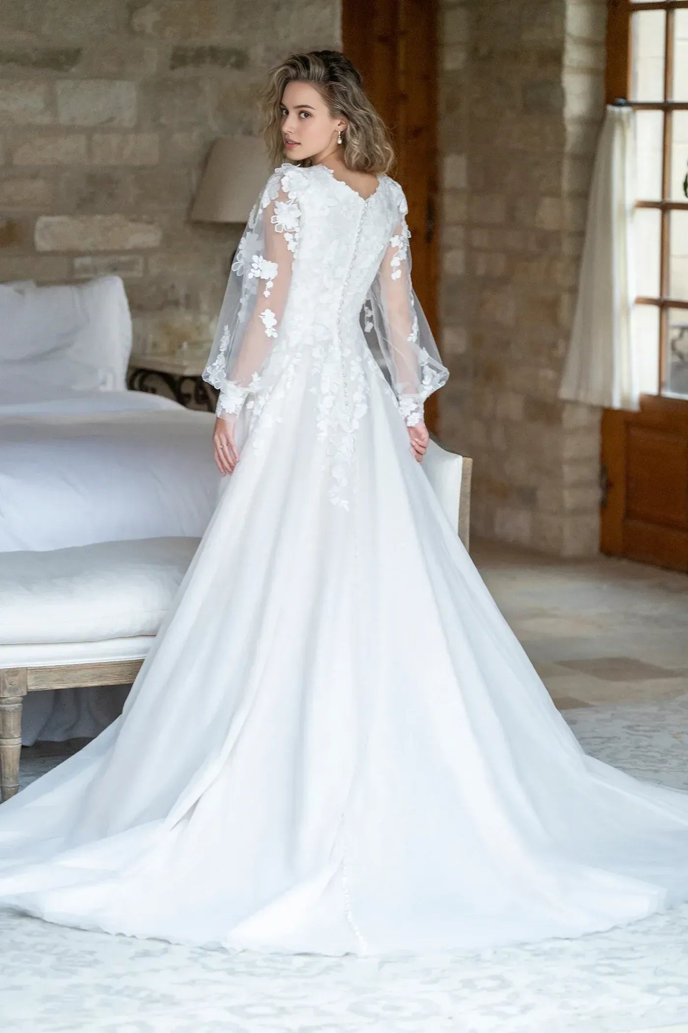Dreamy A Line V Neck Bishop Sleeve Button Back Floor Length Wedding Dress