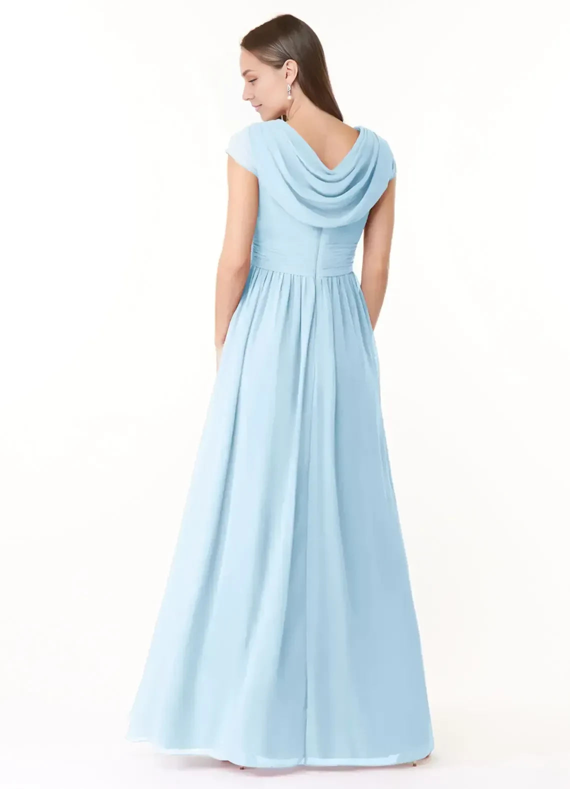 Dreamy A Line V Neck Cap Sleeve Cowl Back Floor Length Bridesmaid Dress