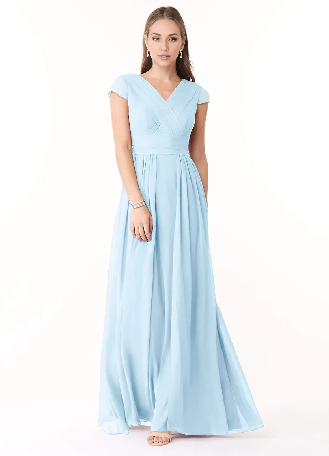 Dreamy A Line V Neck Cap Sleeve Cowl Back Floor Length Bridesmaid Dress