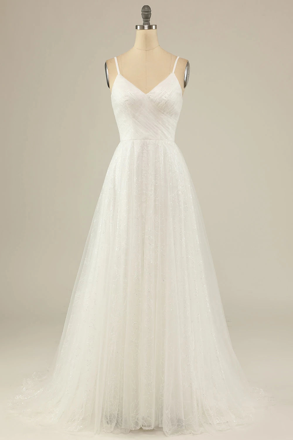 Dreamy A Line V Neck Sleeveless Spaghetti Strap Zipper Back Maxi Wedding Dress