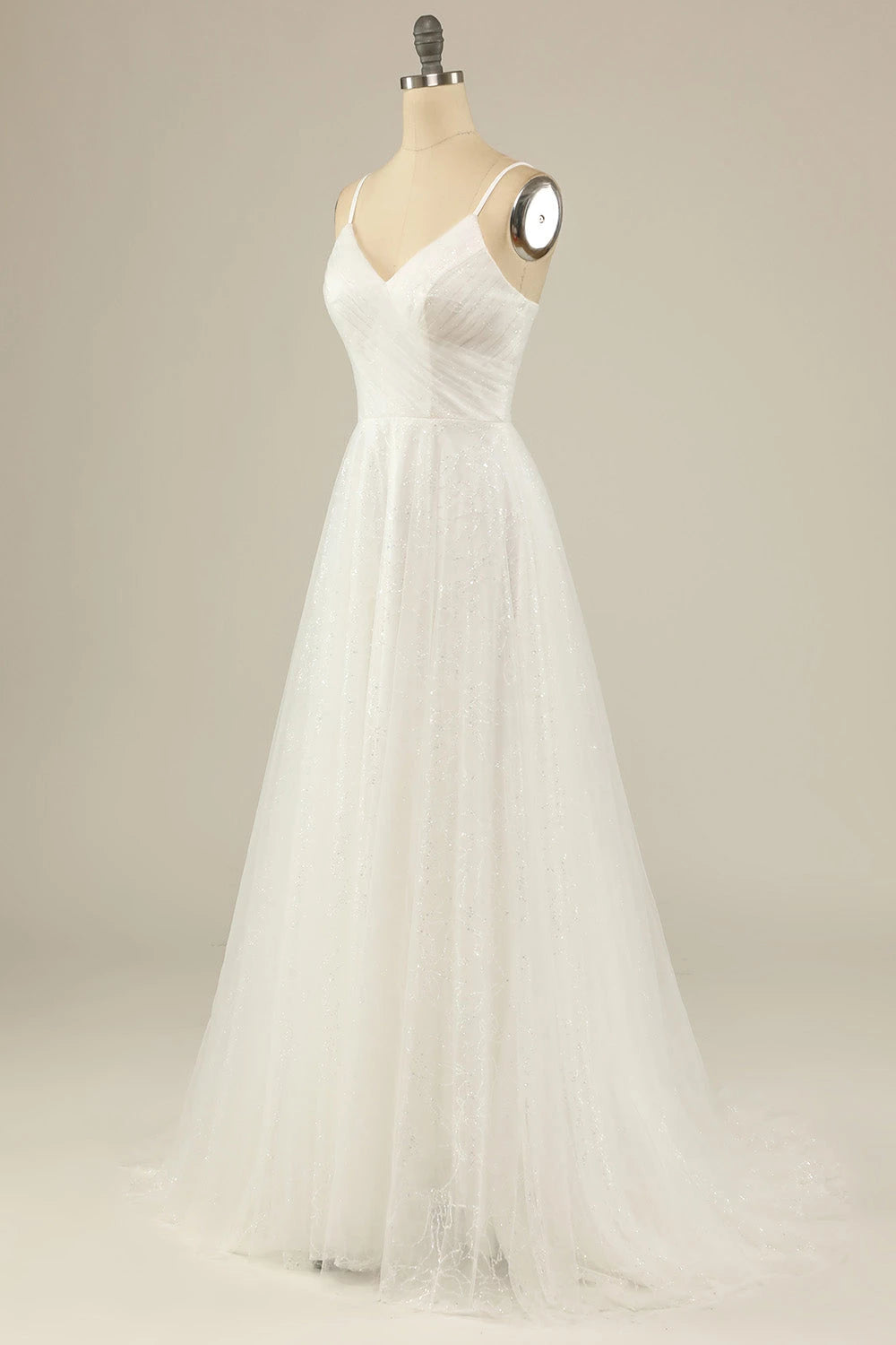Dreamy A Line V Neck Sleeveless Spaghetti Strap Zipper Back Maxi Wedding Dress