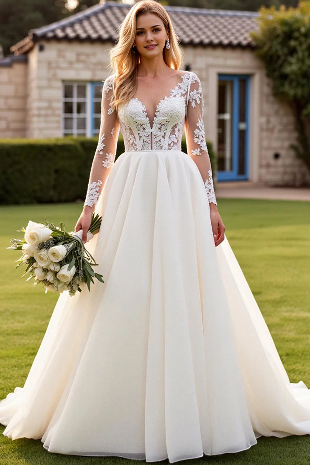 Dreamy Ball Gown Deep V Neck Lace Long Sleeve Plunging Back Floor Length Wedding Dress