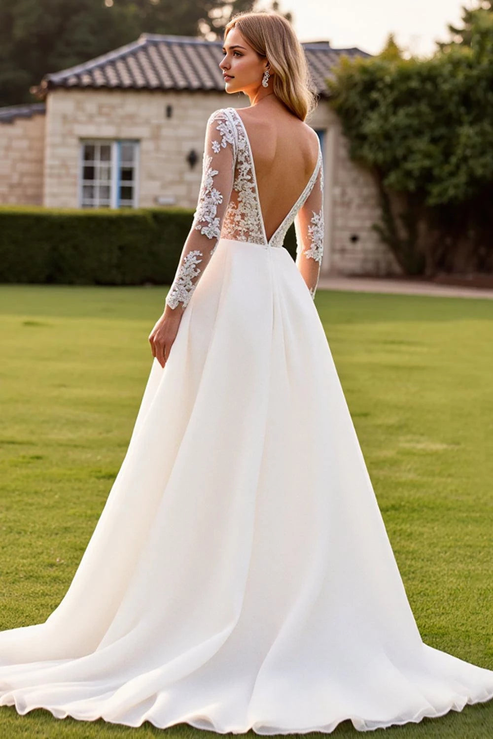 Dreamy Ball Gown Deep V Neck Lace Long Sleeve Plunging Back Floor Length Wedding Dress