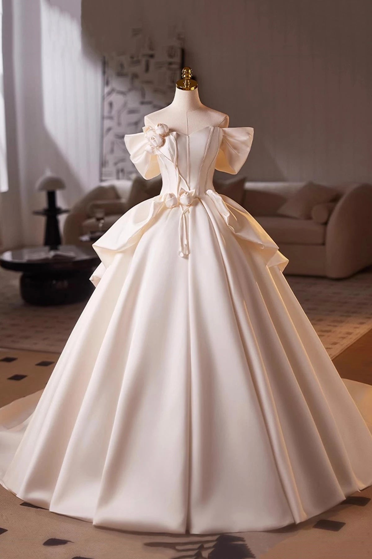 Dreamy Ball Gown Off Shoulder Ruffle Sleeve Lace Up Back Maxi Wedding Dress