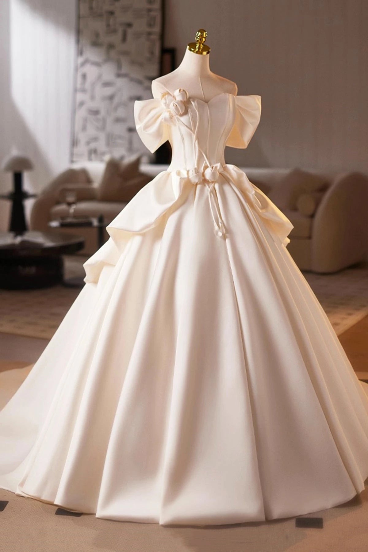 Dreamy Ball Gown Off Shoulder Ruffle Sleeve Lace Up Back Maxi Wedding Dress