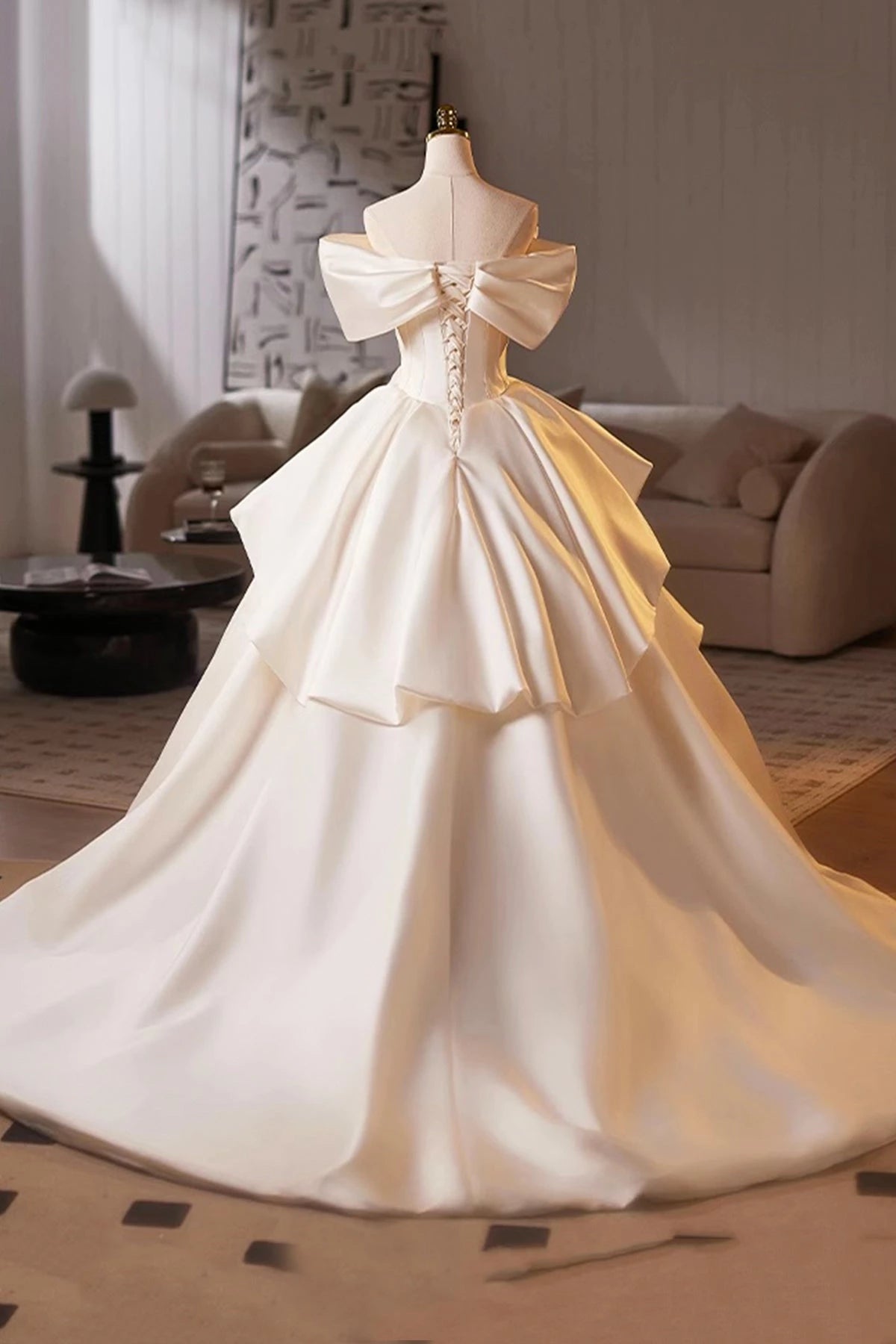 Dreamy Ball Gown Off Shoulder Ruffle Sleeve Lace Up Back Maxi Wedding Dress