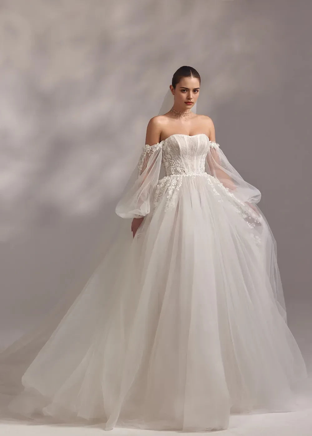 Dreamy Ball Gown Strapless Detachable Puff Long Sleeve Open Back Long Length Wedding Dress