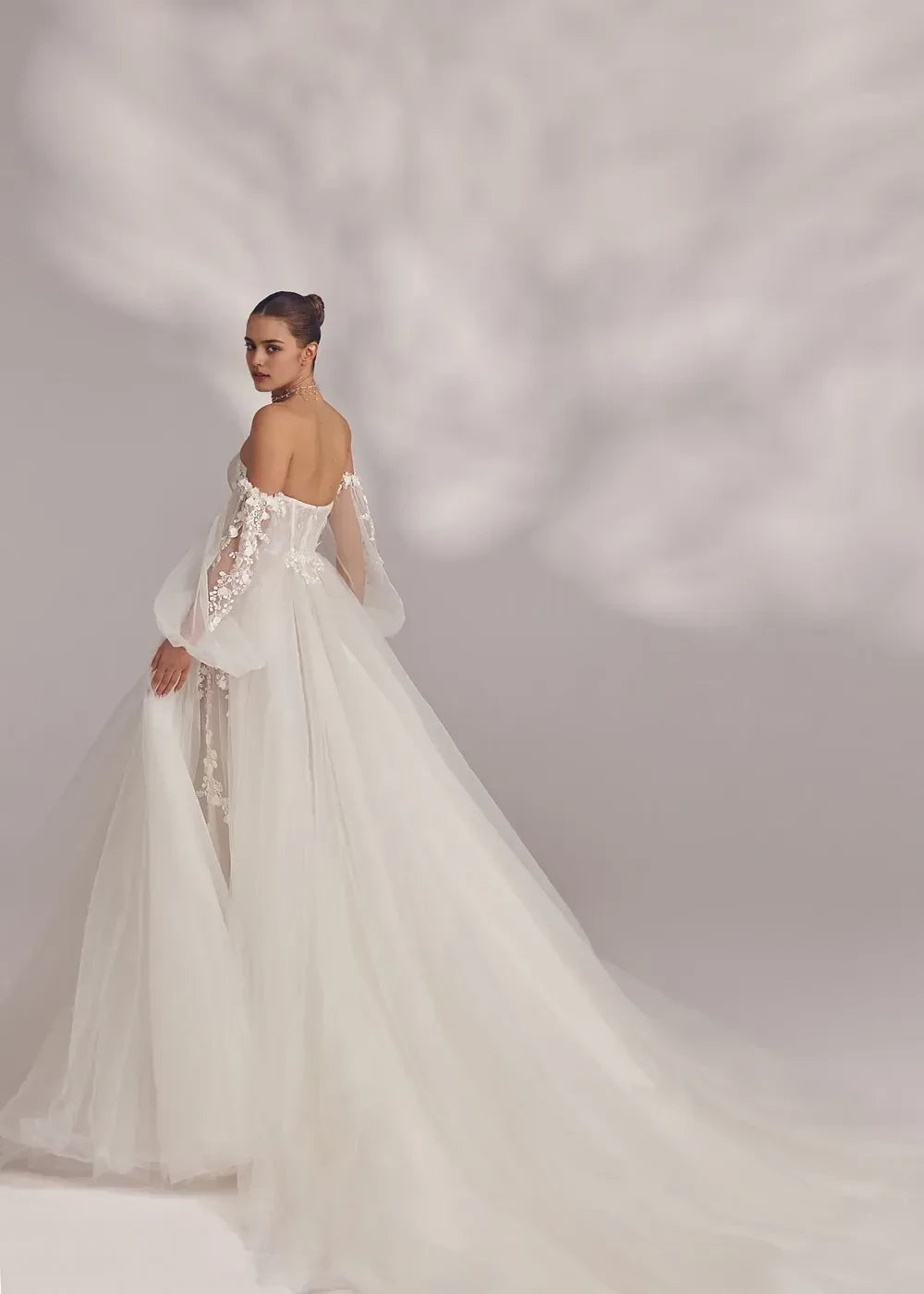 Dreamy Ball Gown Strapless Detachable Puff Long Sleeve Open Back Long Length Wedding Dress