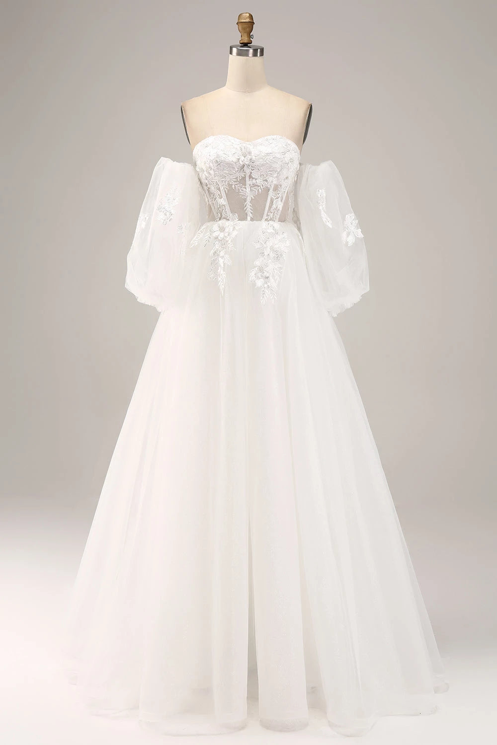 Dreamy Ball Gown Sweetheart Off Shoulder Puff Sleeve Zip Back Maxi Wedding Dress