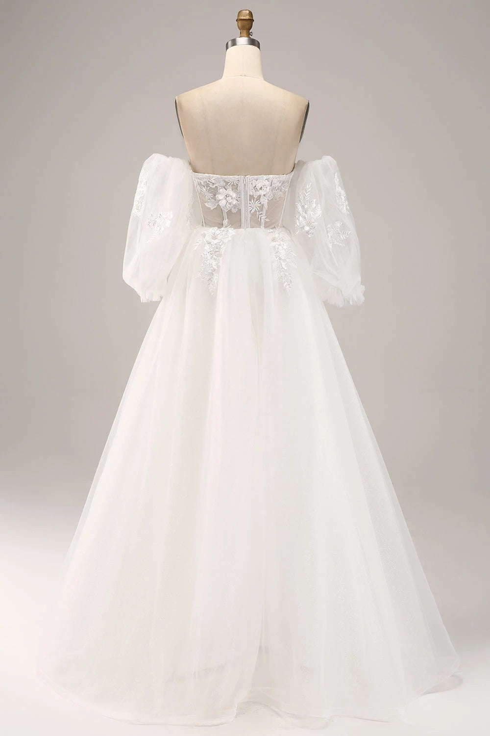 Dreamy Ball Gown Sweetheart Off Shoulder Puff Sleeve Zip Back Maxi Wedding Dress