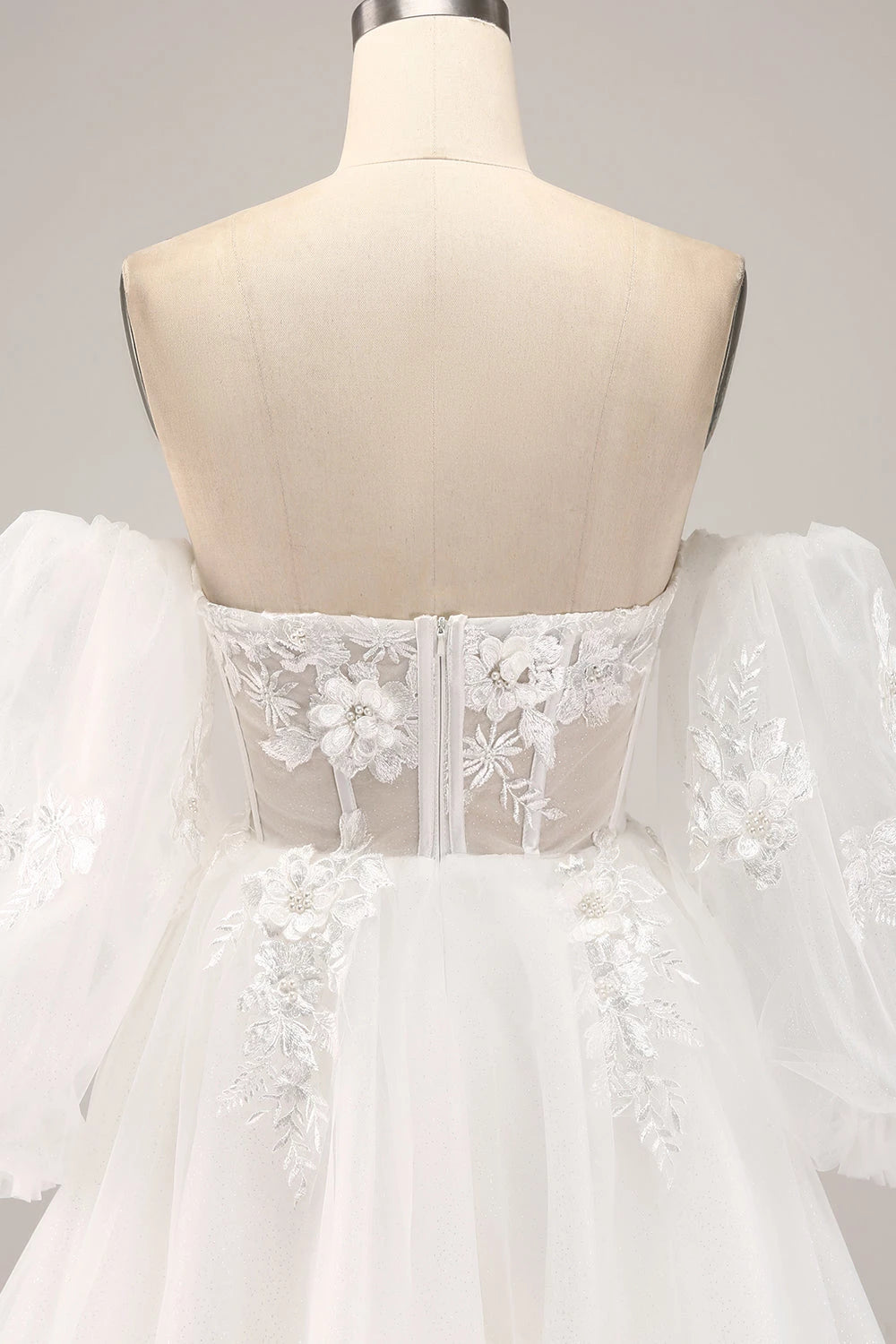 Dreamy Ball Gown Sweetheart Off Shoulder Puff Sleeve Zip Back Maxi Wedding Dress