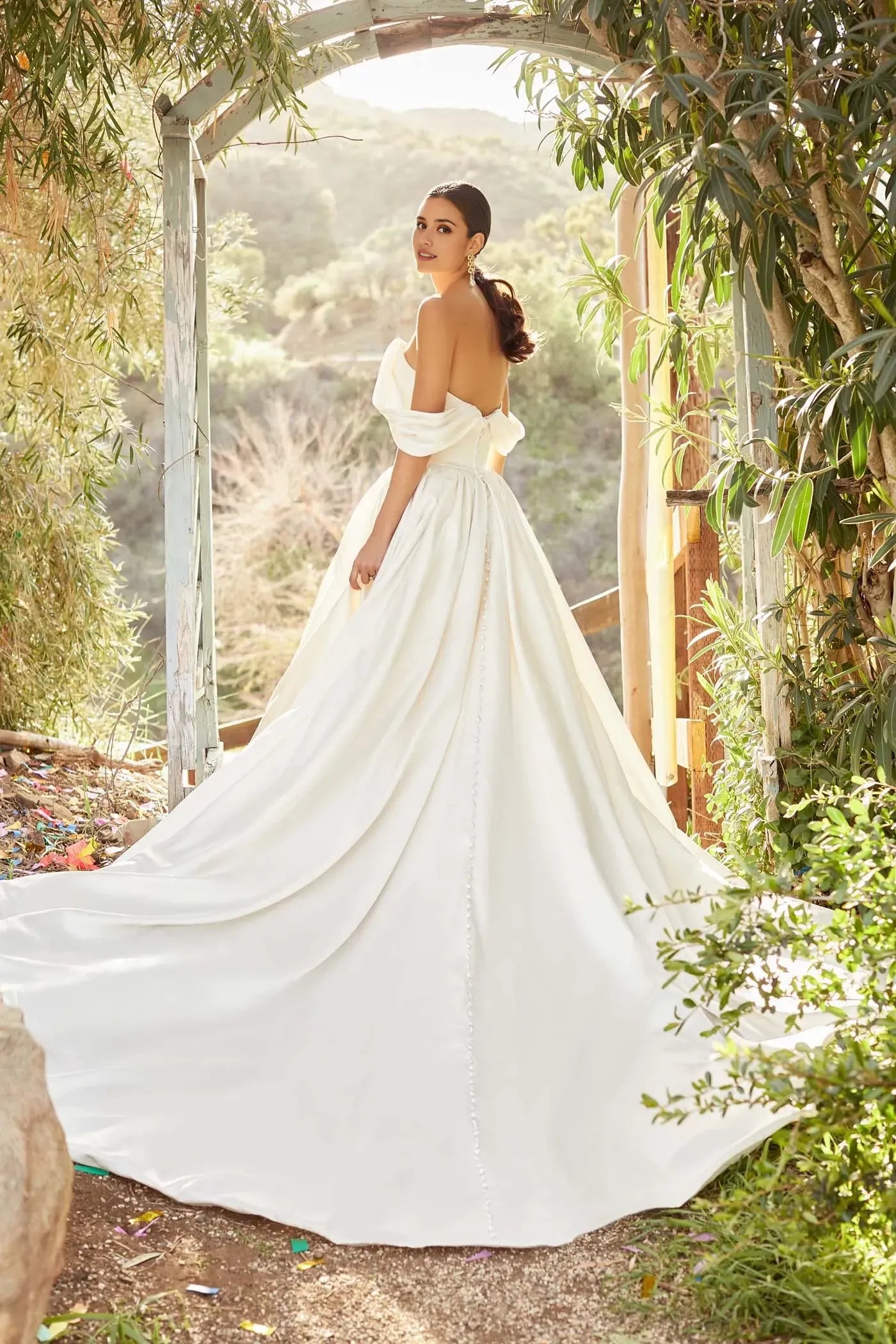 Dreamy Ball Gown Sweetheart Off Shoulder Sleeve Button Back Floor Length Wedding Dress
