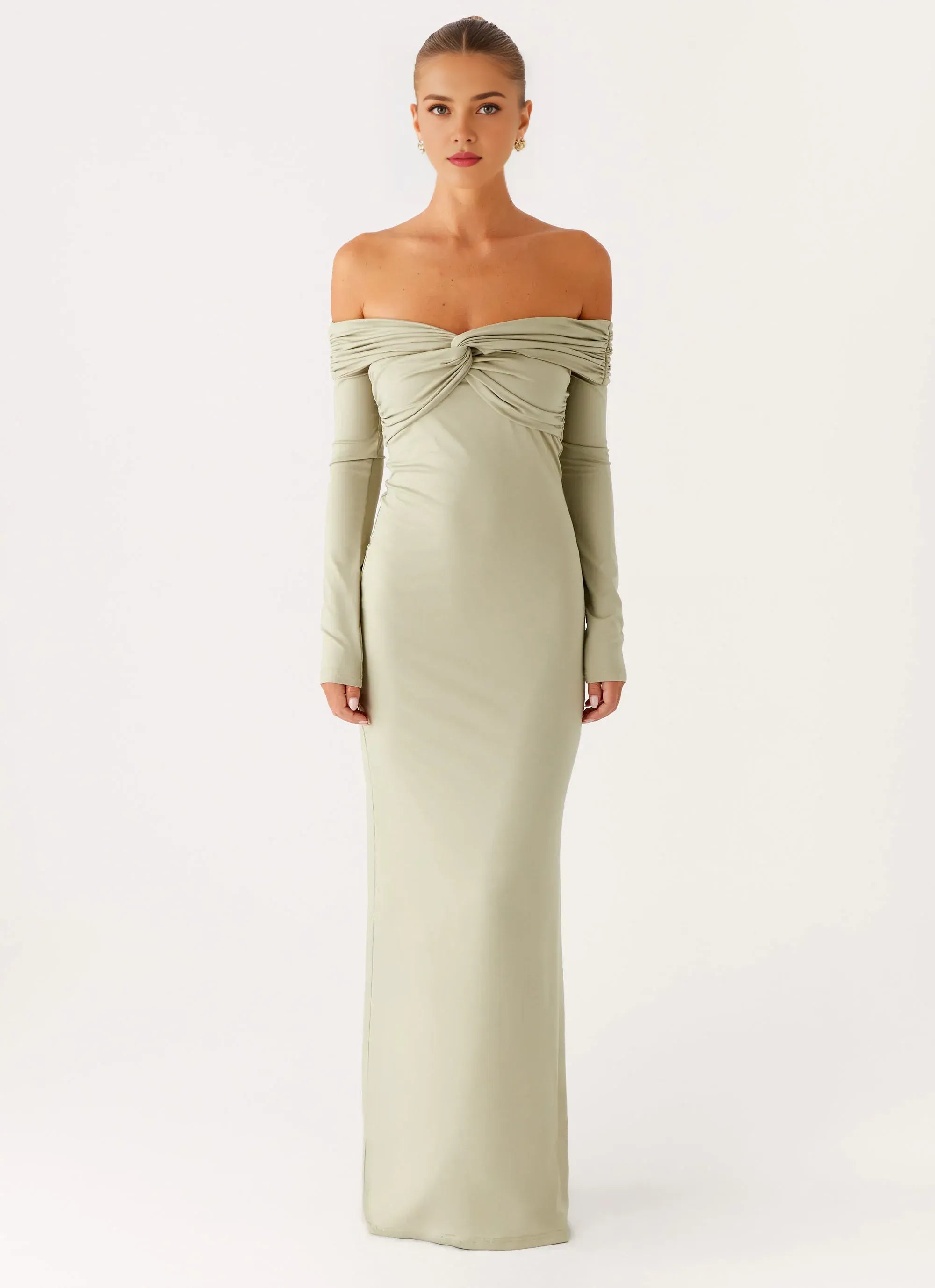 Dreamy Mermaid Off Shoulder Long Sleeve Draped Back Floor Length Plus Size Evening Dress