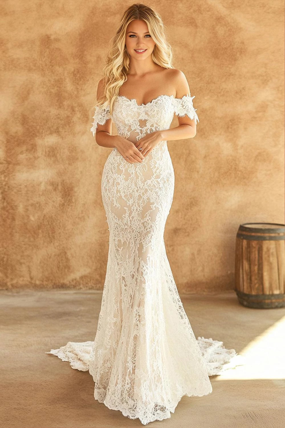 Dreamy Mermaid Off Shoulder Short Sleeve Lace Back Maxi Wedding Dress