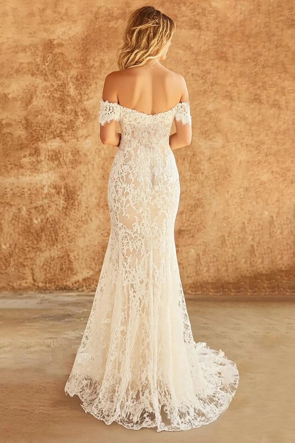 Dreamy Mermaid Off Shoulder Short Sleeve Lace Back Maxi Wedding Dress