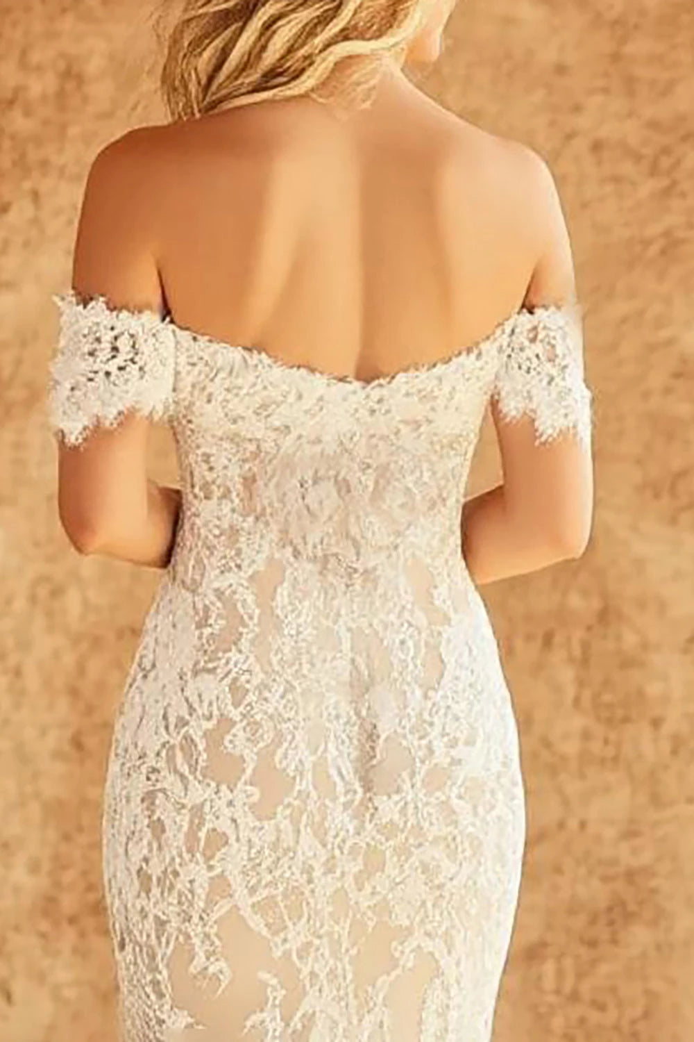 Dreamy Mermaid Off Shoulder Short Sleeve Lace Back Maxi Wedding Dress
