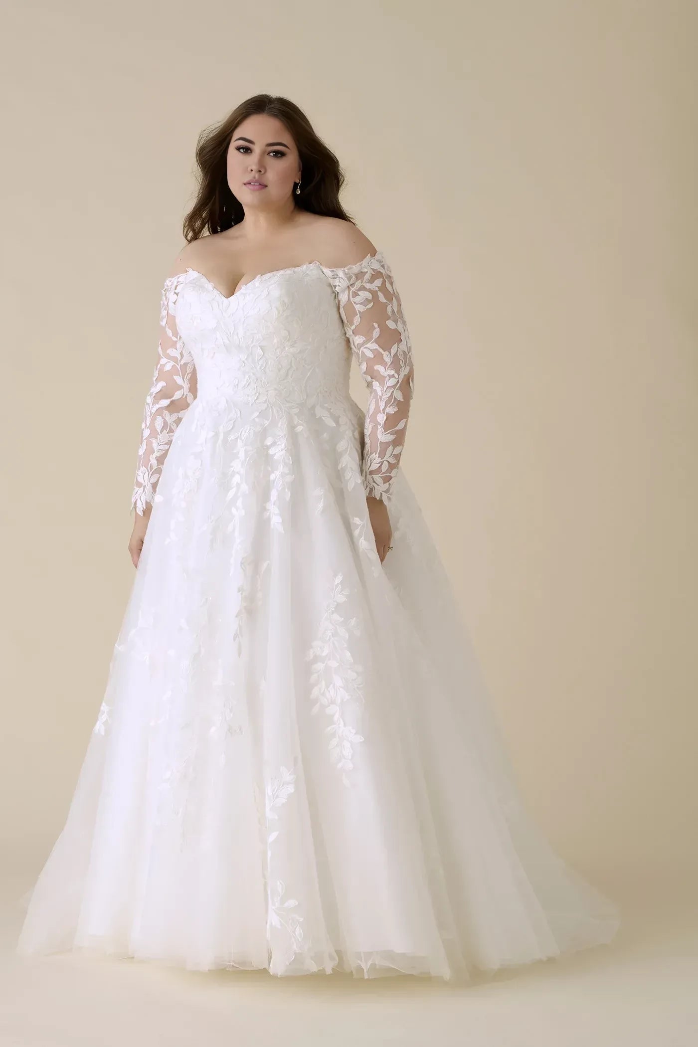 Dreamy Plus Size Ball Gown Off Shoulder Long Sleeve Button Back Floor Length Wedding Dress