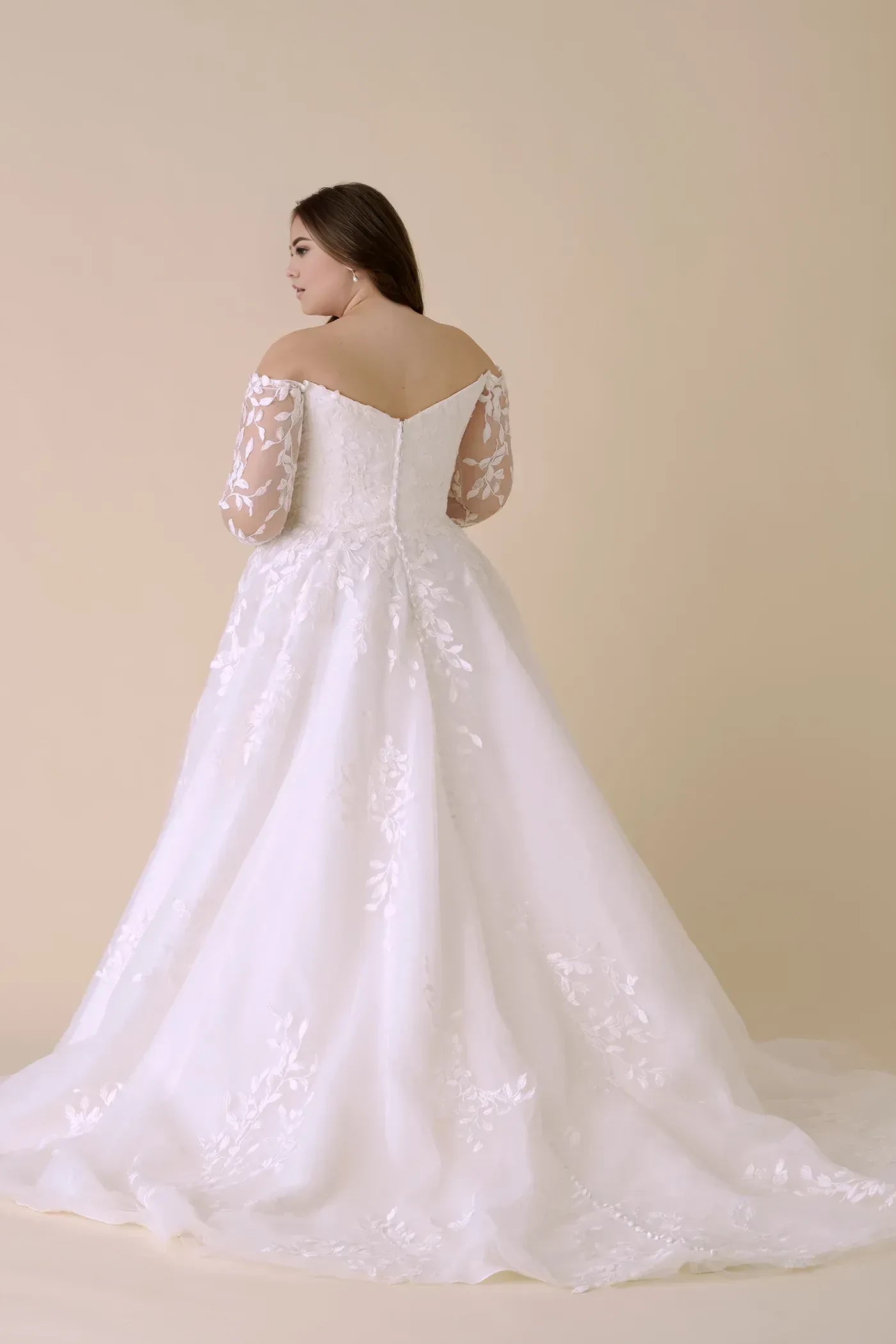 Dreamy Plus Size Ball Gown Off Shoulder Long Sleeve Button Back Floor Length Wedding Dress