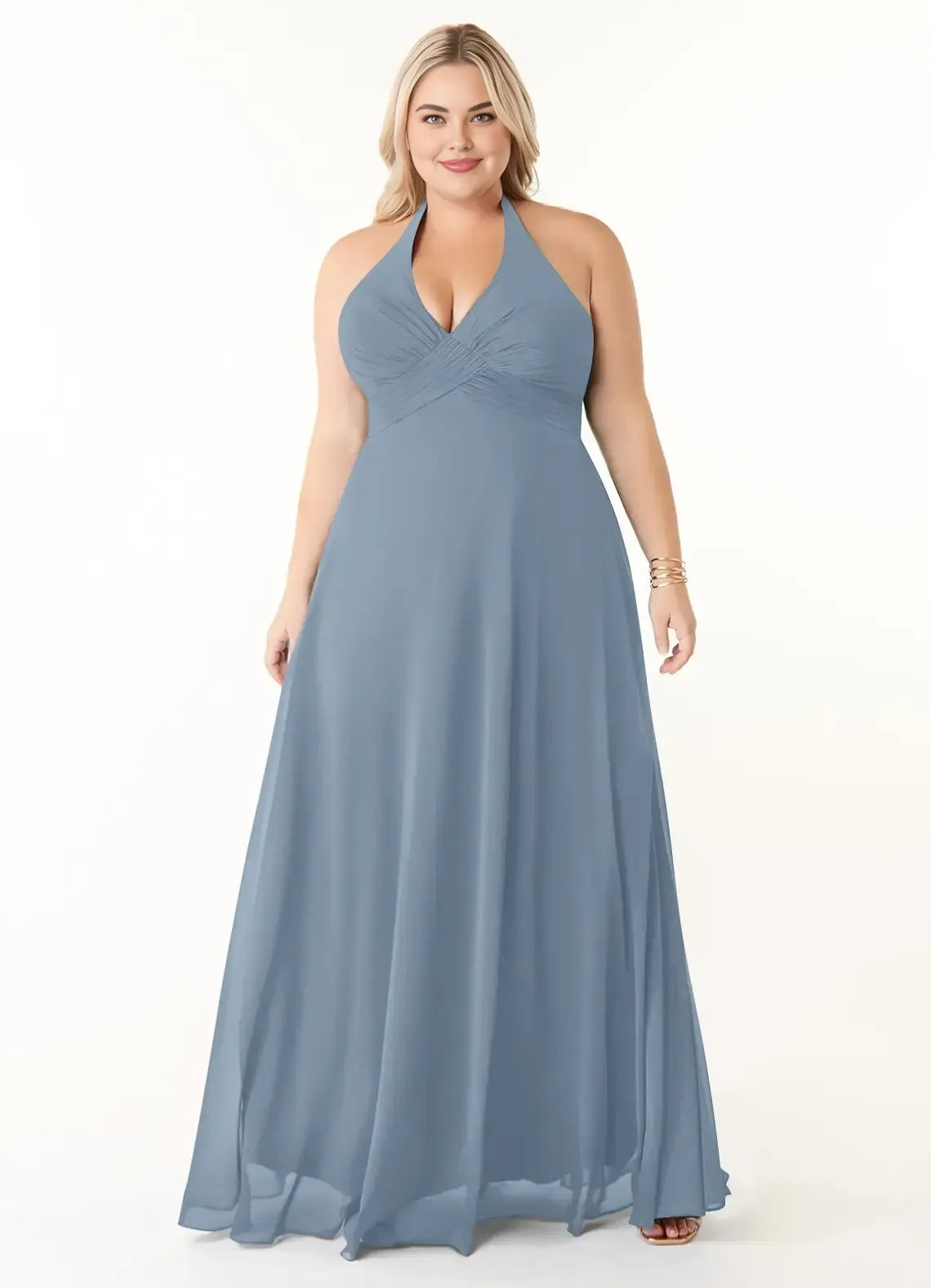 Dreamy Plus Size Sheath Halter Neck Sleeveless Open Back Floor Length Bridesmaid Dress