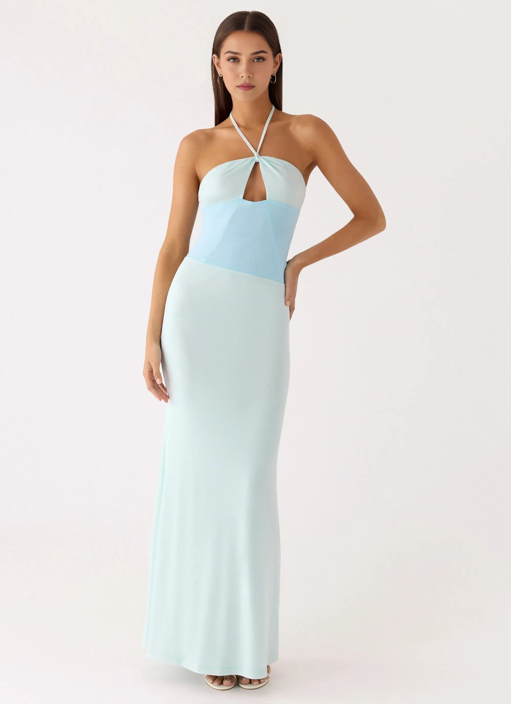 Dreamy Sheath Halter Neck Sleeveless Cut Out Front Floor Length Plus Size Evening Dress