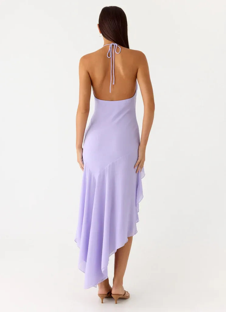 Dreamy Sheath Halter Neck Sleeveless Open Back Asymmetrical Length Plus Size Evening Dress